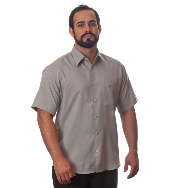 Camisa social cinza médio masculina de microfibra manga curta Camisa social cinza médio masculina de microfibra manga curta