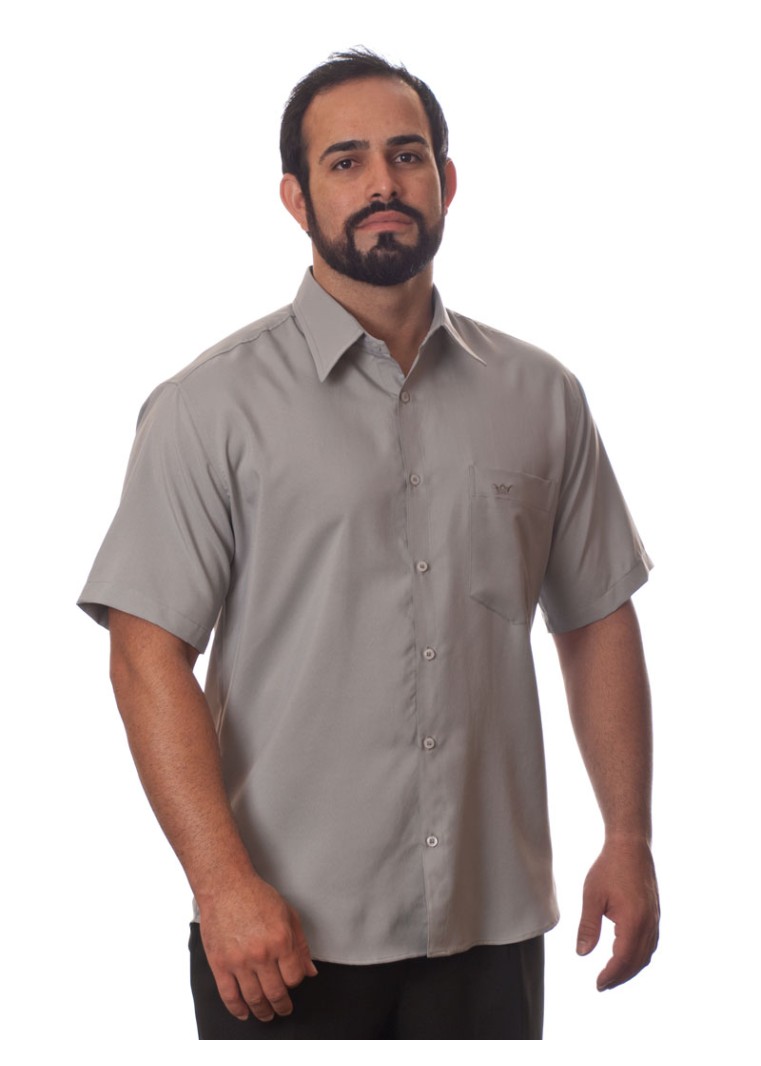 Camisa social cinza médio masculina de microfibra manga curta
