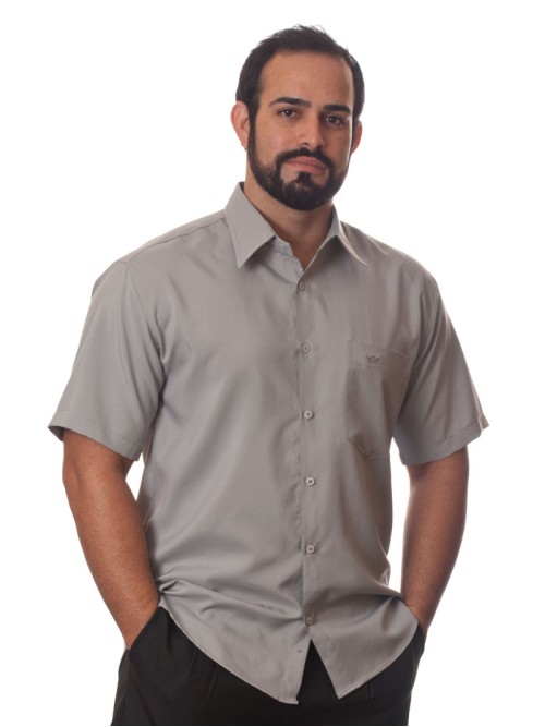 Camisa social cinza médio masculina de microfibra manga curta