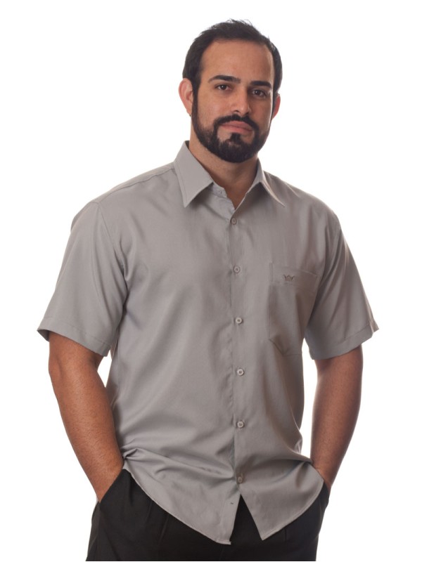 Camisa social cinza médio masculina de microfibra manga curta Camisa social cinza médio masculina de microfibra manga curta