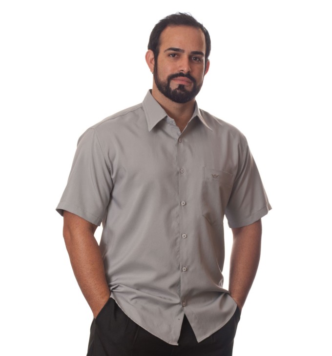 Camisa social cinza médio masculina de microfibra manga curta Camisa social cinza médio masculina de microfibra manga curta