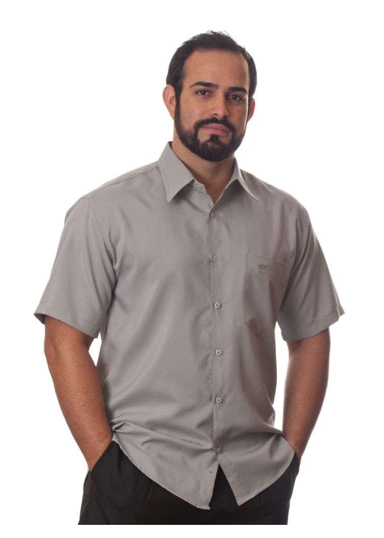 Camisa social cinza médio masculina de microfibra manga curta