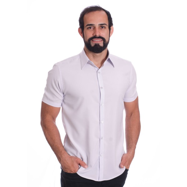 Camisa social cinza claro masculina de microfibra manga curta