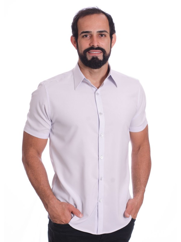 Camisa social cinza claro masculina de microfibra manga curta