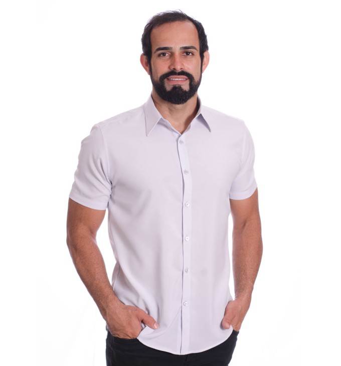 Camisa social cinza claro masculina de microfibra manga curta