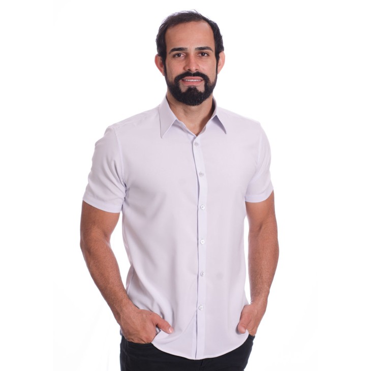 Camisa social cinza claro masculina de microfibra manga curta
