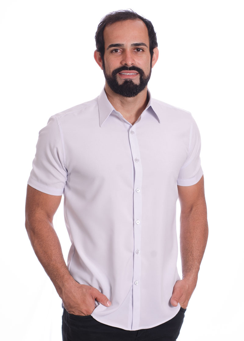 Camisa social cinza claro masculina de microfibra manga curta