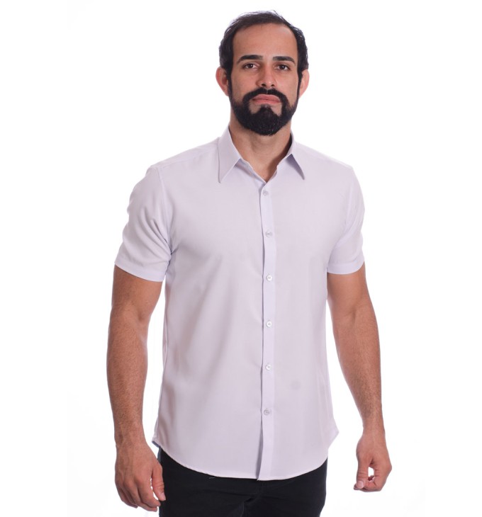 Camisa social cinza claro masculina de microfibra manga curta