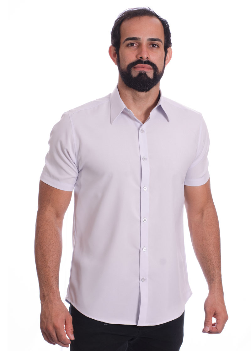 Camisa social cinza claro masculina de microfibra manga curta