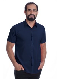Camisa social masculina de microfibra manga curta, marinho