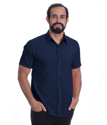 Camisa social masculina de microfibra manga curta, marinho