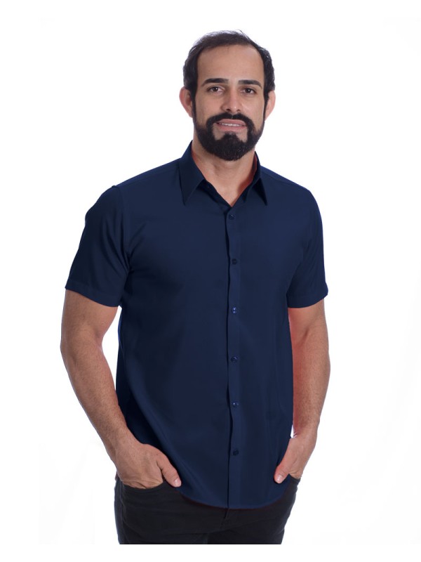 Camisa social masculina de microfibra manga curta, marinho