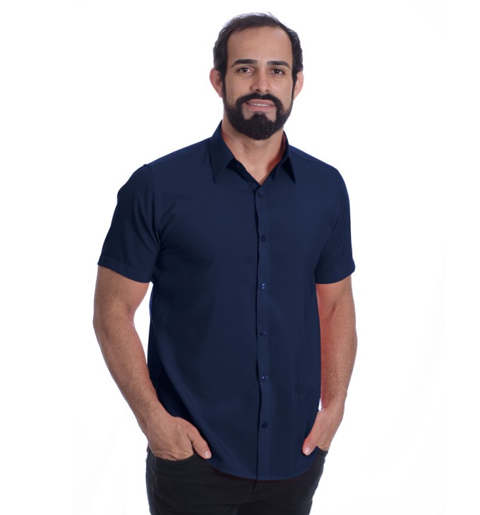 Camisa social masculina de microfibra manga curta, marinho