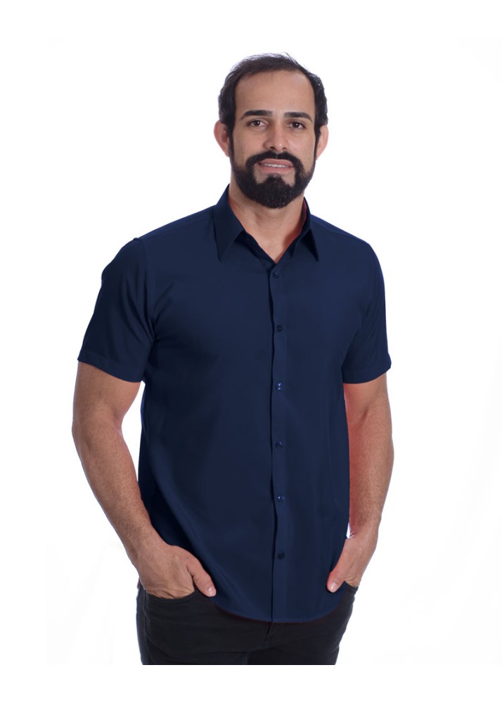 Camisa social masculina de microfibra manga curta, marinho