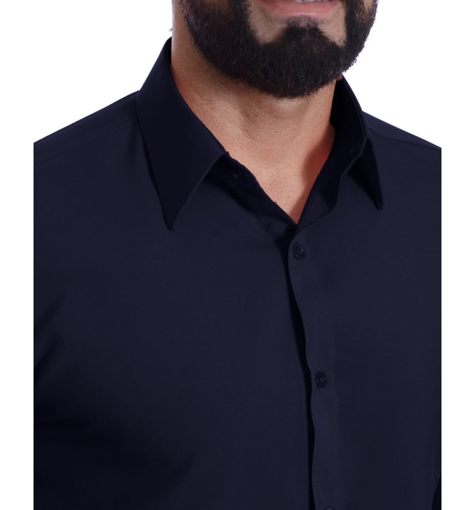Camisa social masculina de microfibra manga curta, marinho