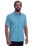 Camisa social azul celeste masculina de microfibra manga curta
