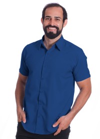 Camisa social azul royal masculina de microfibra manga curta