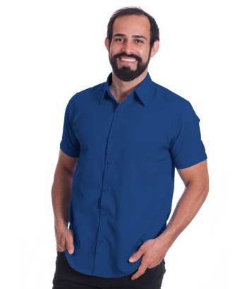 Camisa social azul royal masculina de microfibra manga curta