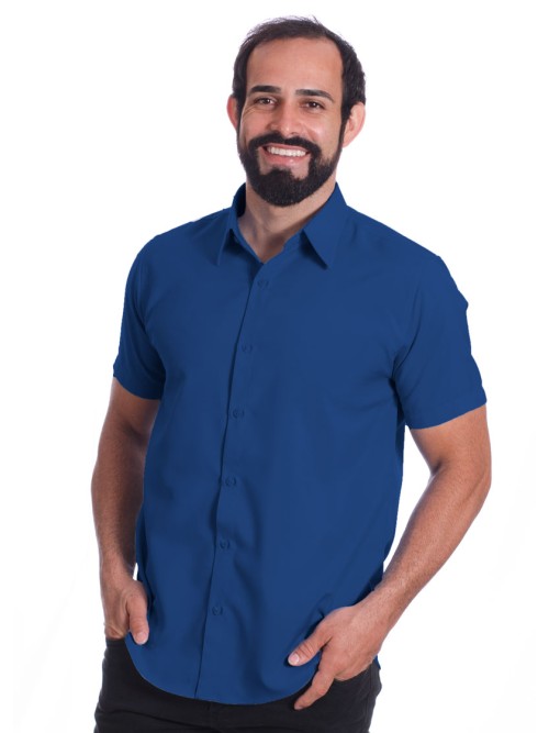 Camisa social azul royal masculina de microfibra manga curta