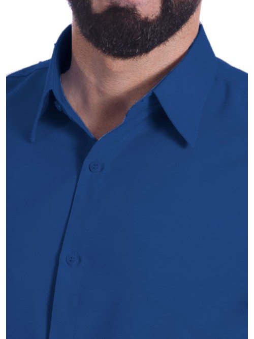 Camisa social azul royal masculina de microfibra manga curta