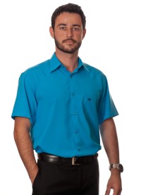 Camisa social azul-turquesa masculina de microfibra manga curta