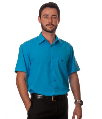 Camisa social azul-turquesa masculina de microfibra manga curta Camisa social azul-turquesa masculina de microfibra manga curta