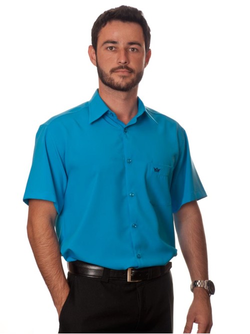 Camisa social azul-turquesa masculina de microfibra manga curta