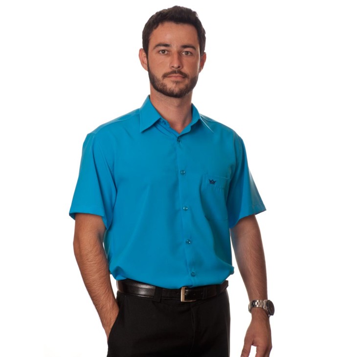 Camisa social azul-turquesa masculina de microfibra manga curta