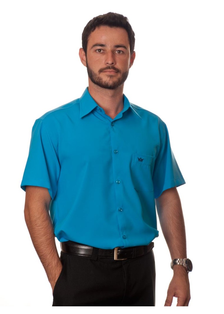 Camisa social azul-turquesa masculina de microfibra manga curta