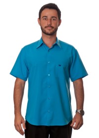 Camisa social azul-turquesa masculina de microfibra manga curta