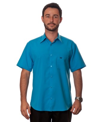 Camisa social azul-turquesa masculina de microfibra manga curta Camisa social azul-turquesa masculina de microfibra manga curta