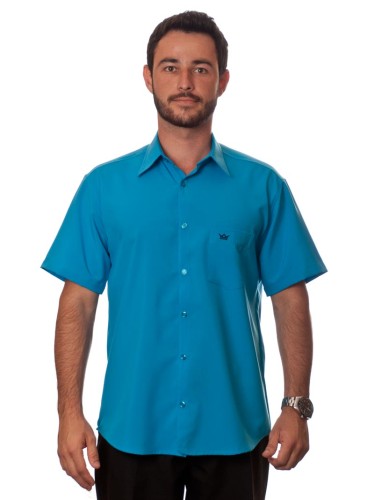 Camisa social azul-turquesa masculina de microfibra manga curta