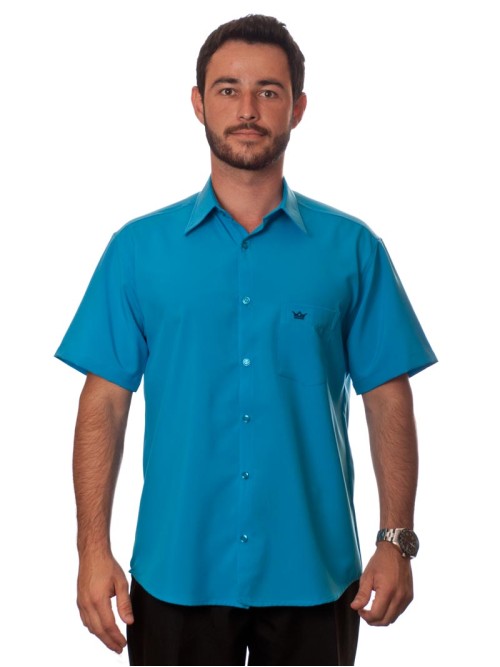 Camisa social azul-turquesa masculina de microfibra manga curta