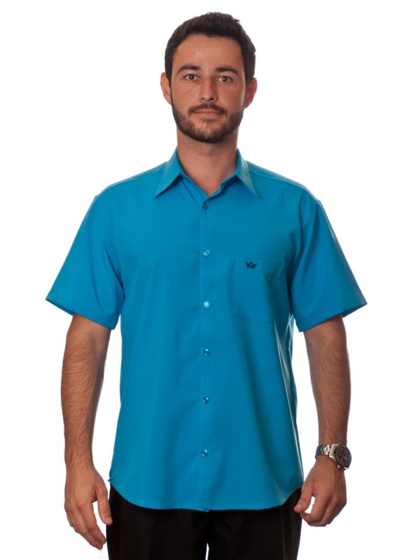 Camisa social azul-turquesa masculina de microfibra manga curta