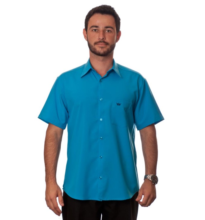 Camisa social azul-turquesa masculina de microfibra manga curta Camisa social azul-turquesa masculina de microfibra manga curta