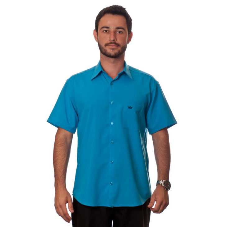 Camisa social azul-turquesa masculina de microfibra manga curta