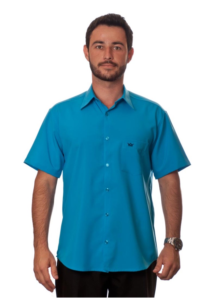 Camisa social azul-turquesa masculina de microfibra manga curta