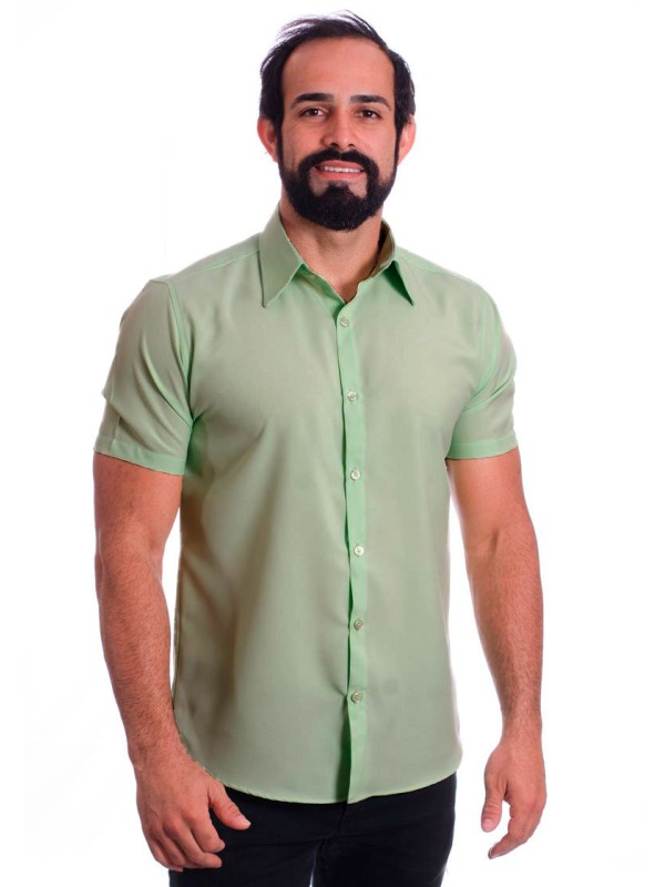 Camisa social verde-água masculina de microfibra manga curta