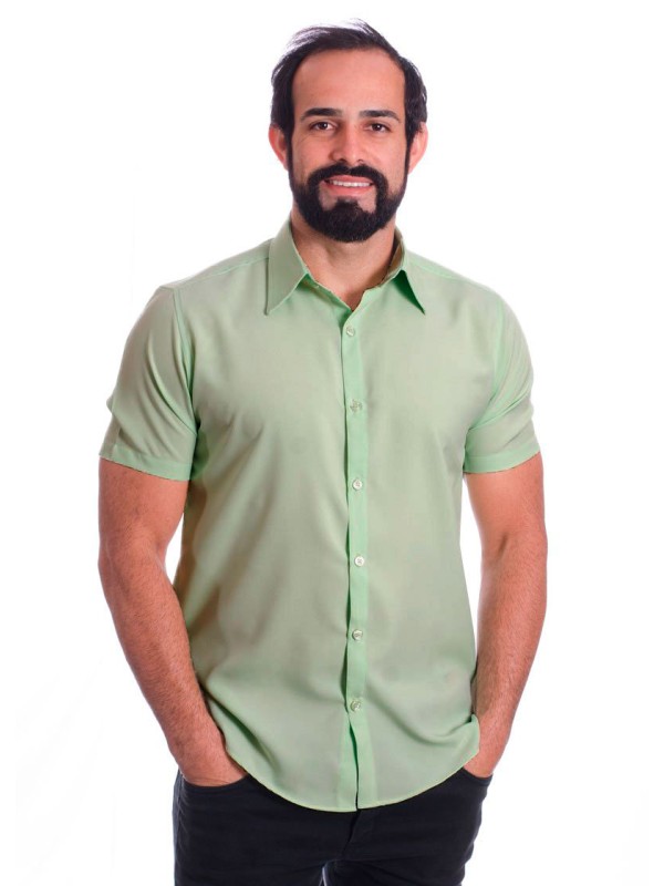 Camisa social verde-água masculina de microfibra manga curta