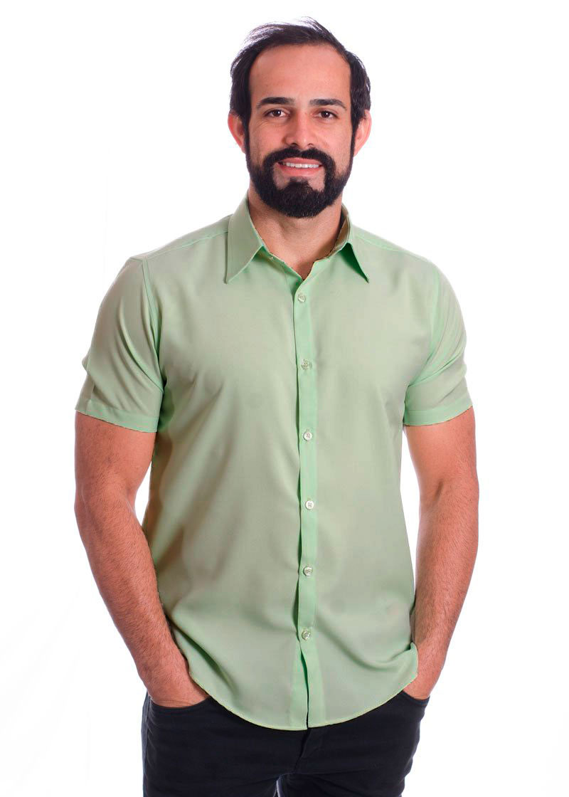 Camisa social verde-água masculina de microfibra manga curta