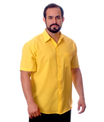 Camisa social amarela masculina manga curta microfibra