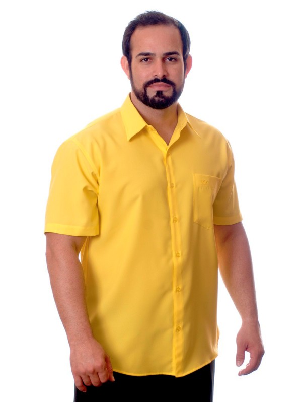 Camisa social amarela masculina manga curta microfibra