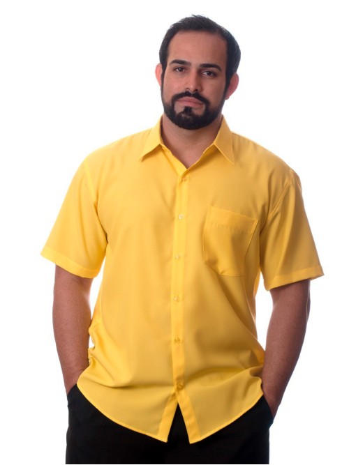 Camisa social amarela masculina manga curta microfibra