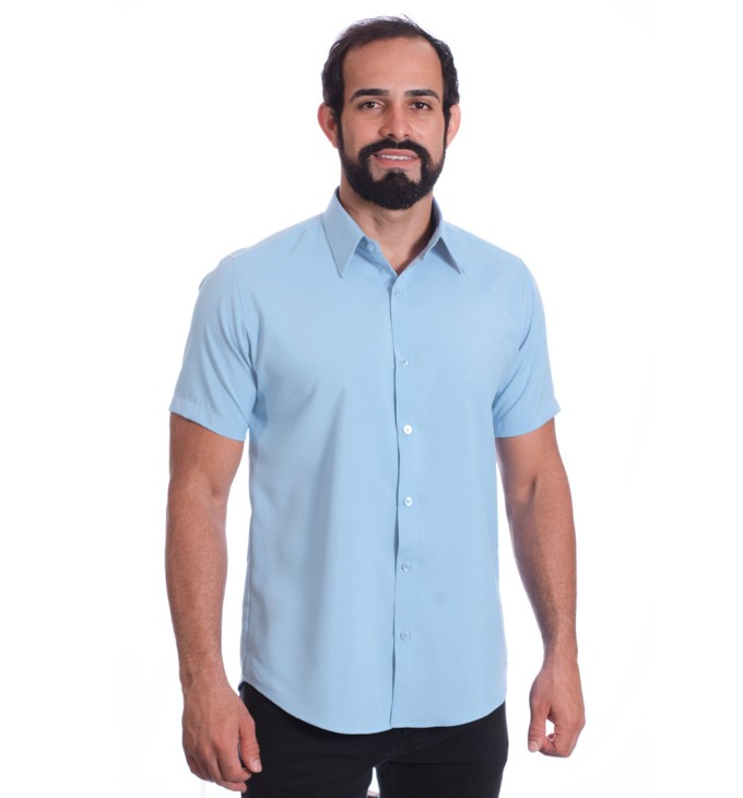 Camisa social azul claro masculina manga curta de microfibra