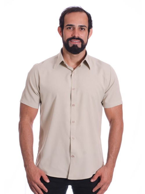 Camisa social caqui masculina de microfibra manga curta