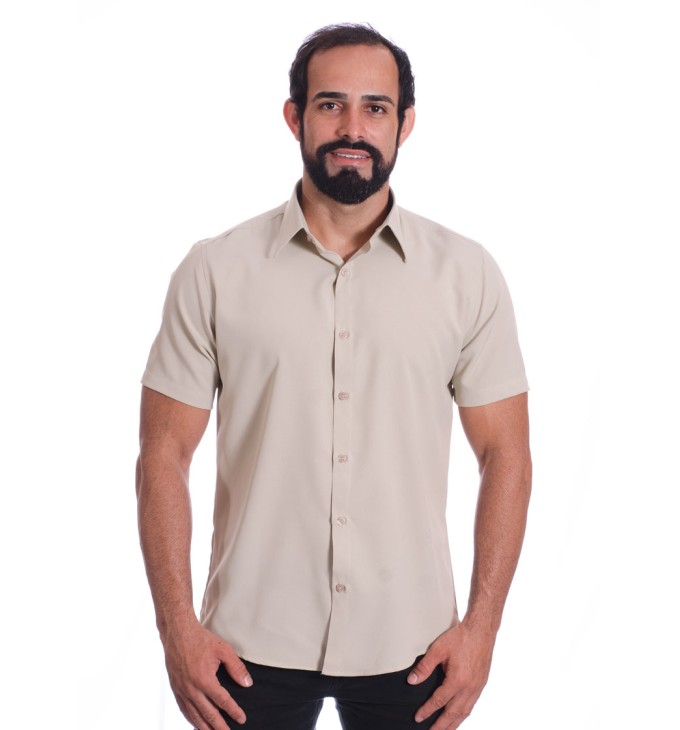 Camisa social caqui masculina de microfibra manga curta