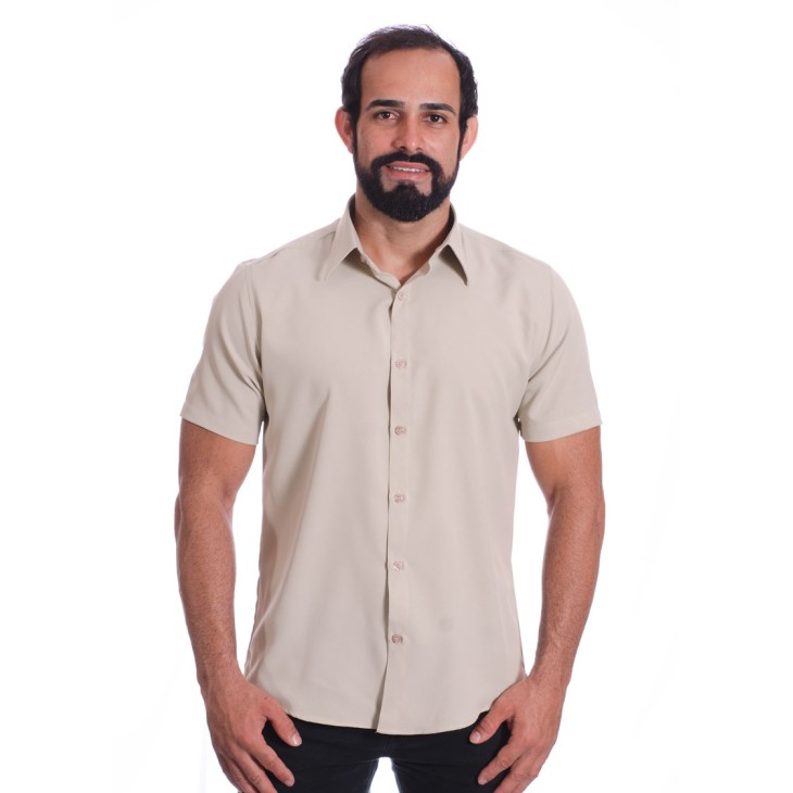 Camisa social caqui masculina de microfibra manga curta