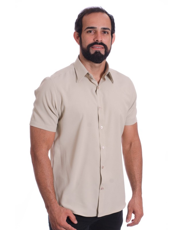 Camisa social caqui masculina de microfibra manga curta