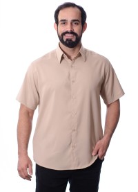 Camisa social bege masculina de microfibra manga curta