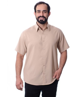 Camisa social bege masculina de microfibra manga curta